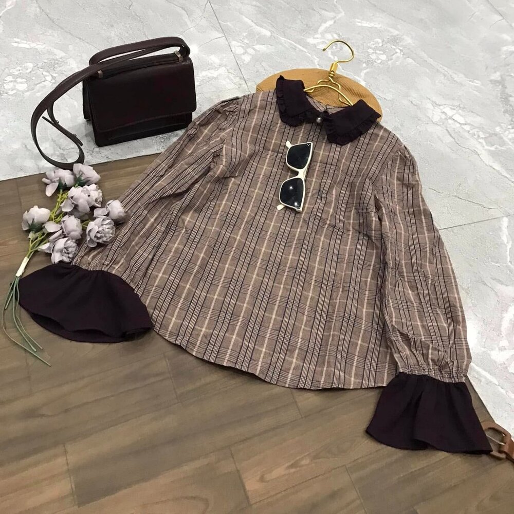 Brown Plaid Ruffle Collar Blouse Vintage Cottagecore Top